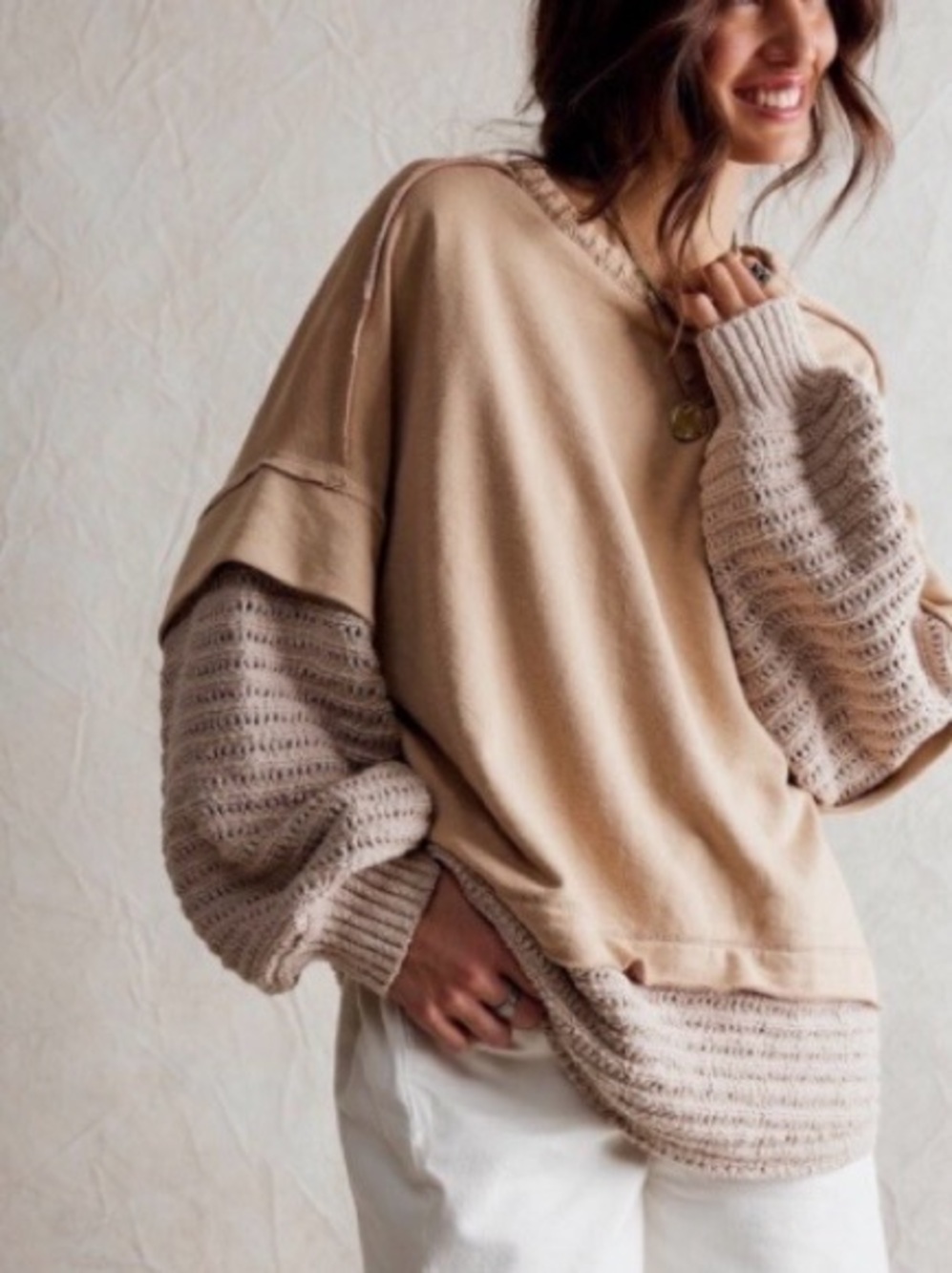 We The Free Two-Tone Cream & Tan Mixed-Media Crewneck Sweater Size XL